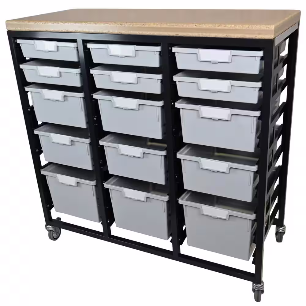 None Mobile Workbench Storage Station With Wood Top -15 StorSystem Trays-Gray