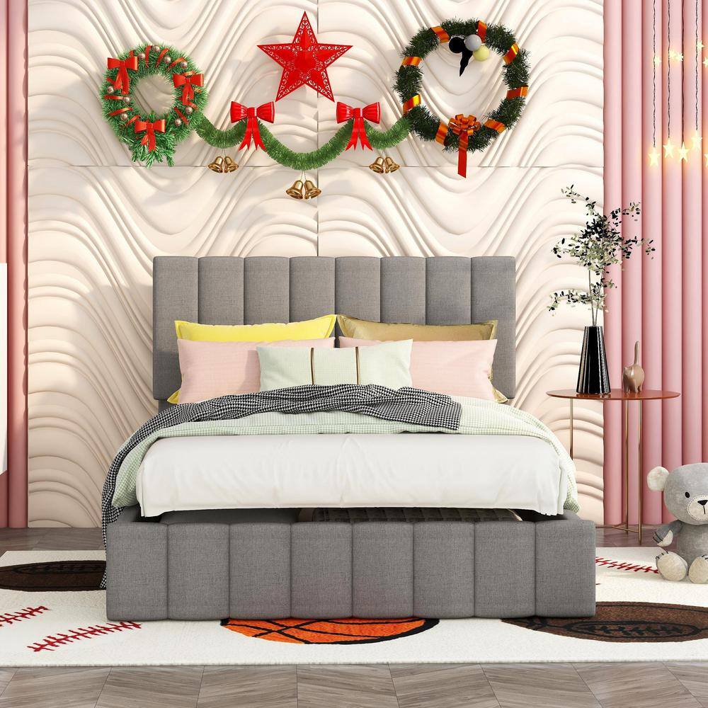 None Gray Full Size Upholstered Platform Bed with Gas Lift Up Storage, Wood Platform Bed Frame with Hydraulic Storage System