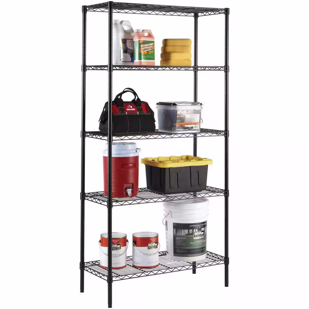 HDX 5-Tier Steel Wire Shelving Unit in Black (36 in. W x 72 in. H x 16 in. D)