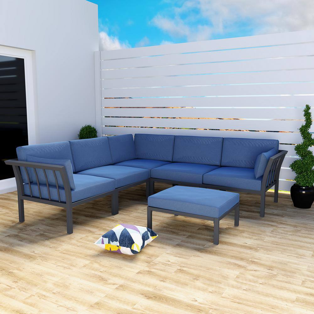 TOP HOME SPACE 6-Piece Metal Patio Conversation Set with Blue Cushions