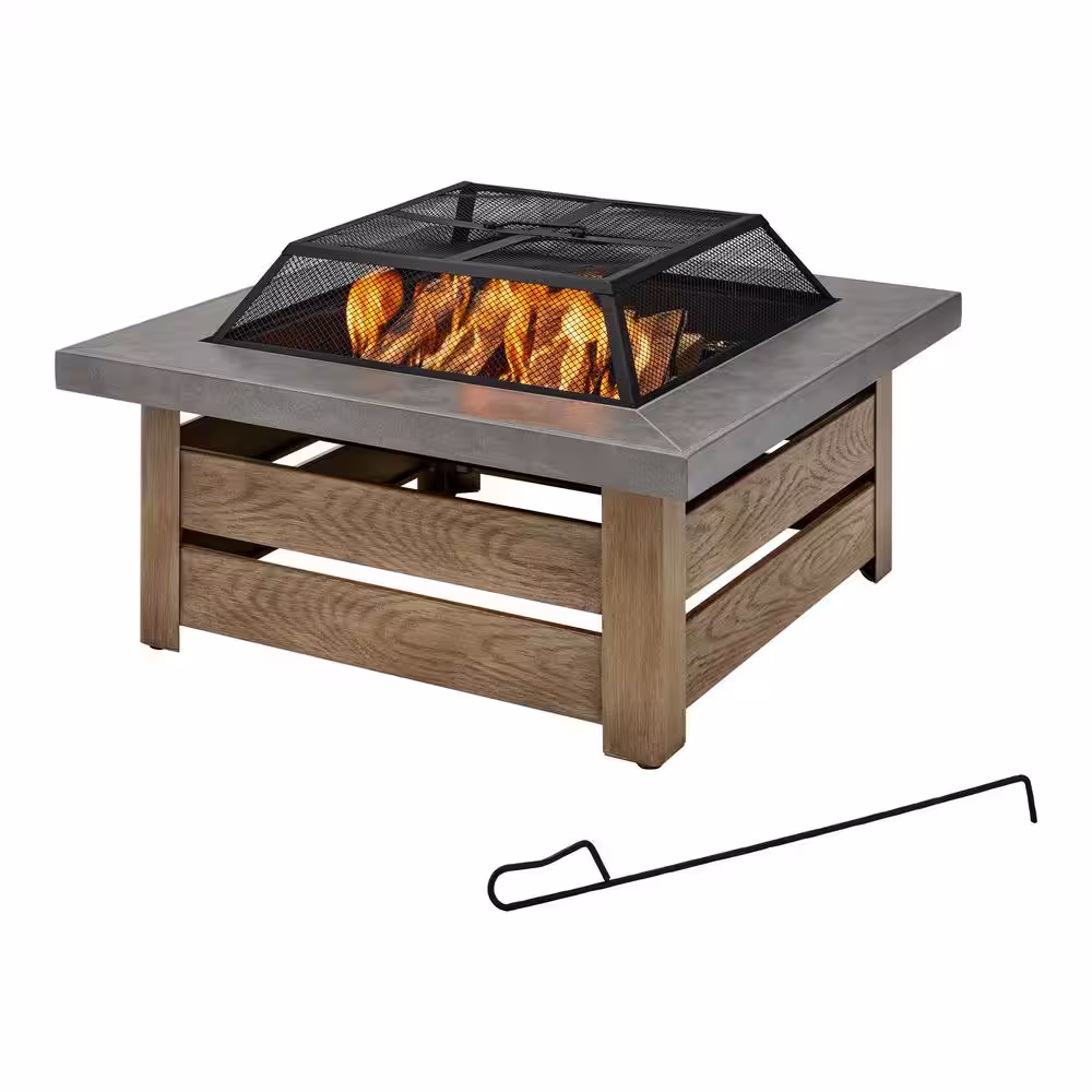 Hampton Bay Stoneham 34 in. x 15.5 in. Square Steel Wood Fire Pit with Tile Top