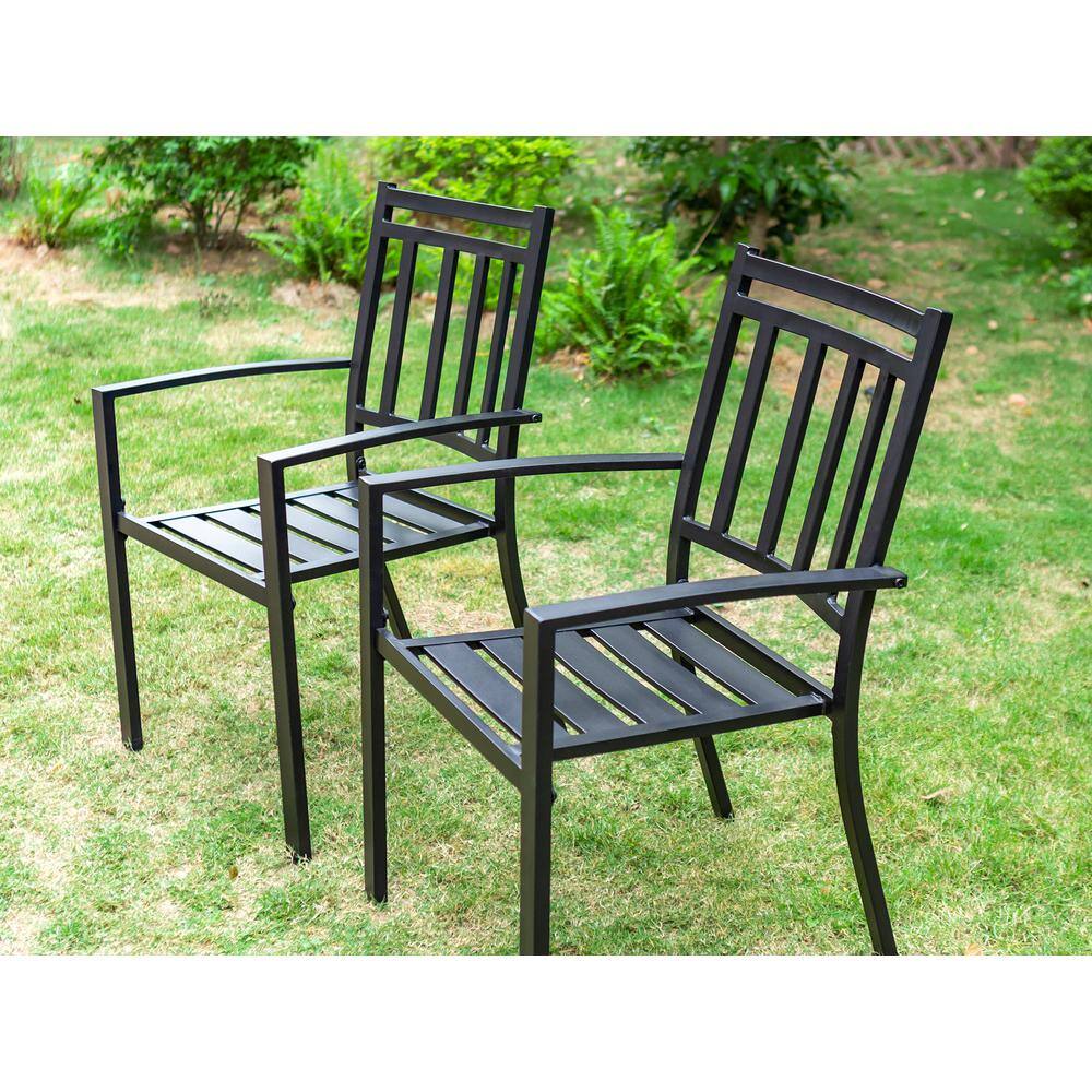 PHI VILLA Black 5-Piece Metal Outdoor Patio Dining Set with Wood-Look Round Table and Stripe Stackable Chairs