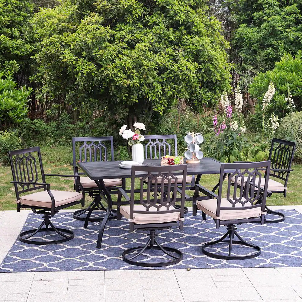 PHI VILLA 7-Piece Black Metal Outdoor Patio Dining Set with Slat Table and Fashion Swivel Chairs with Beige Cushions