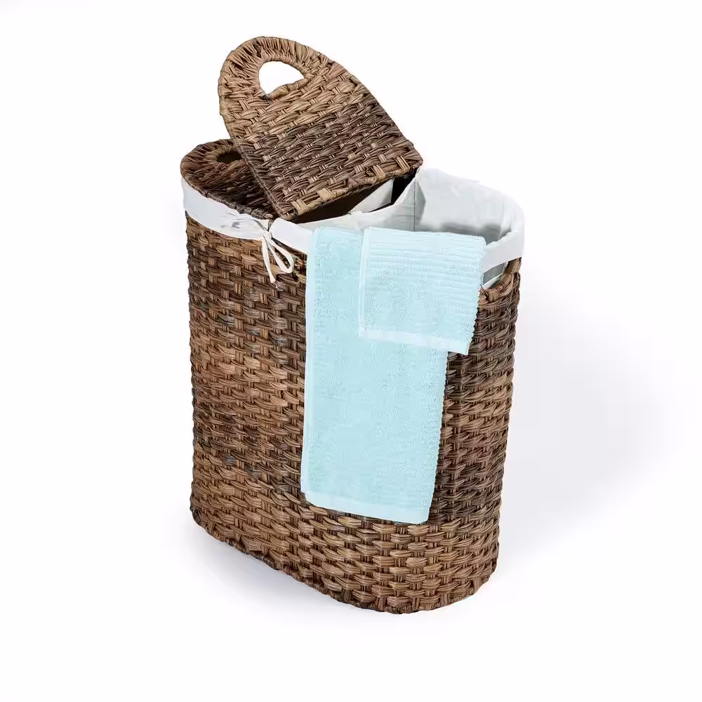 Seville Classics Mocha Hand-Woven Oval Double Laundry Hamper with Removable Liner