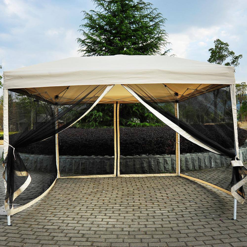 Outsunny 10 ft. x 10 ft. Easy Pop Up Canopy Shade Tent with Breathable Mesh Sidewalls and Included Transport Carrying Bag, Beige