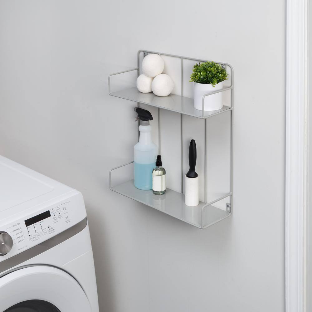 Honey-Can-Do 20 in. H x 18 in. W x 6 in. D Small 2-Tier Steel Laundry Room Wall Shelf in Gray