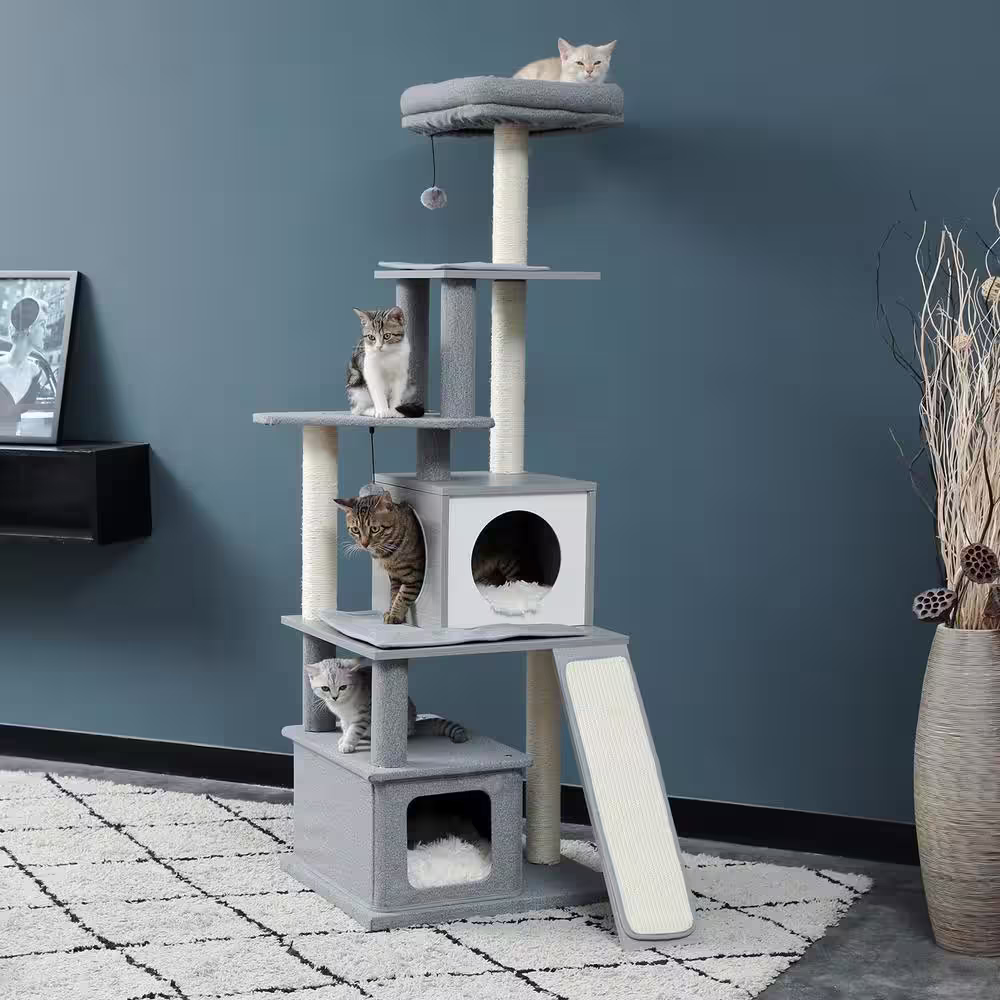 None 61.8 in. H Cat Tree Cat Tower with Condo and Capsule Nest in Gray
