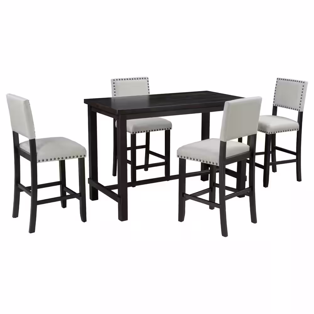 Harper & Bright Designs 5-Piece Espresso and Beige Wood Top Counter Height Dining Set