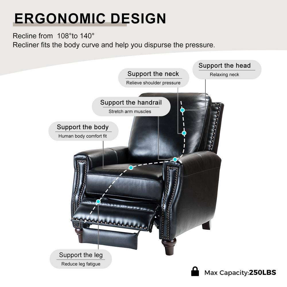 JAYDEN CREATION Theresa Comfy Black Manual 3-Position Cigar Genuine Leather Recliner with Nailhead Trim and Solid Wooden Legs Set of 2