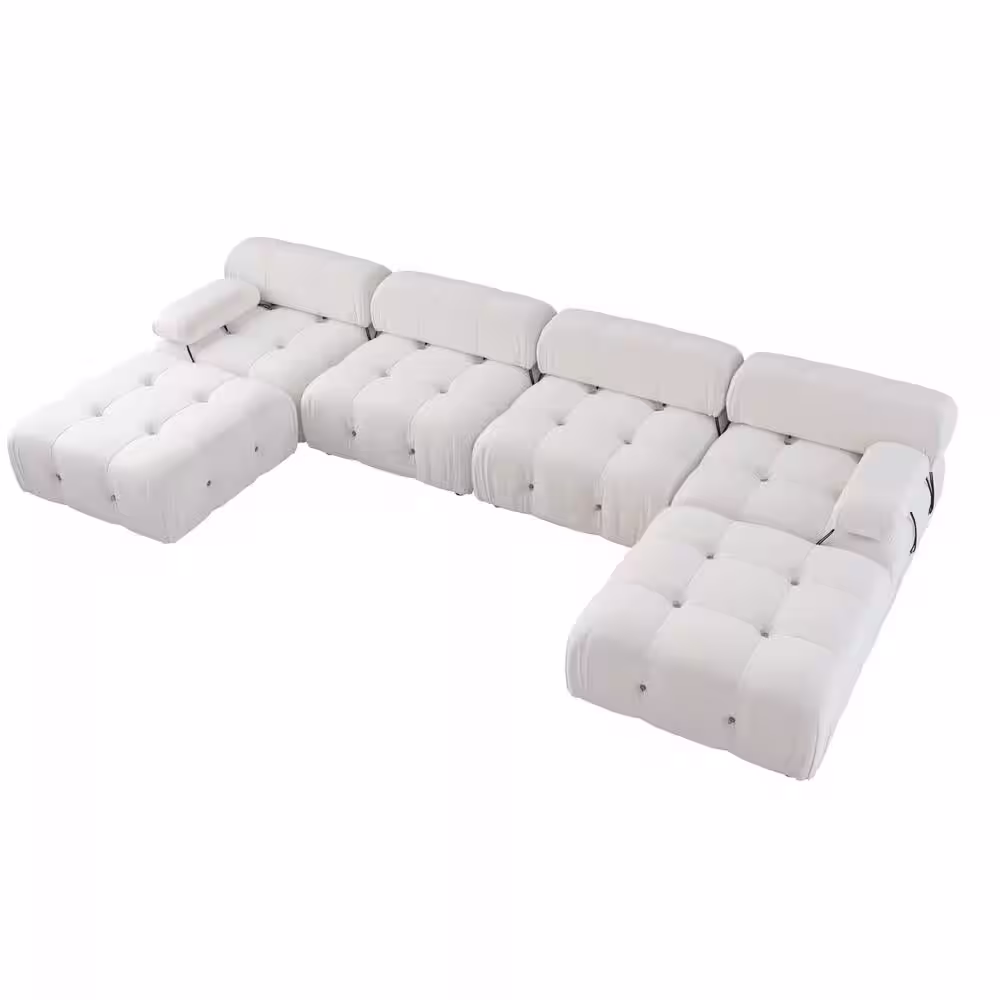 J&E Home 151.2 in. W Round Arm U-Shaped 6-Seater Velvet Free Combination Sofa with Ottoman in Beige