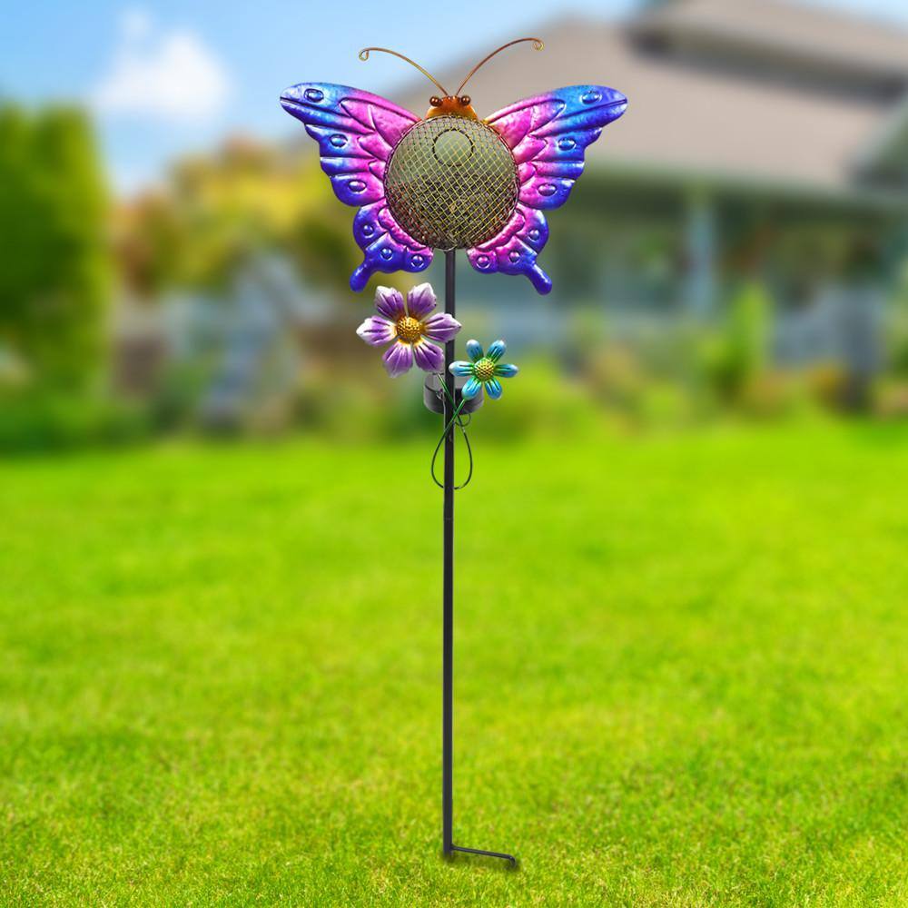 Exhart 3.02 ft. Purple Metal Solar Hand Painted Butterfly Mesh Pellet Bird Feeder Garden Stake