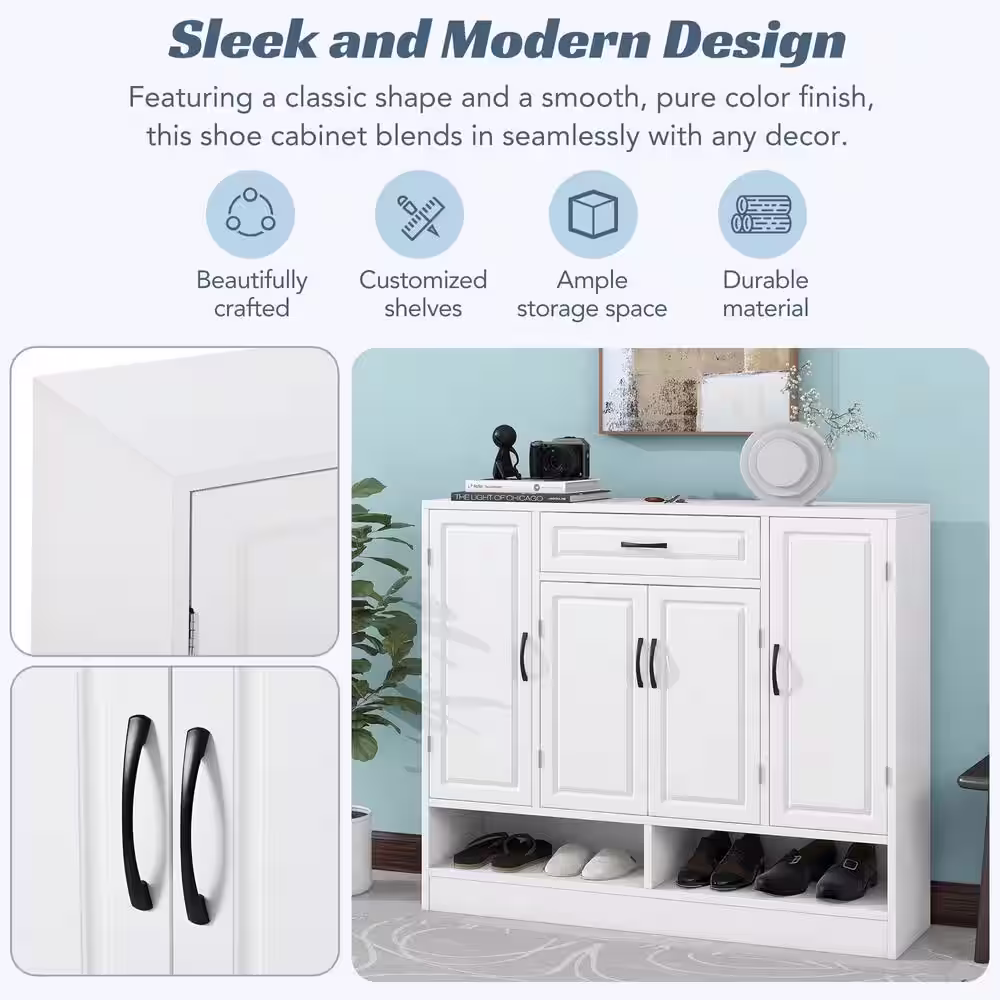 None 47.2 in. H x 39.4 in. W White Wood 4-Door Shoe Storage Cabinet with Drawer and Open Shelf, Shoe Cabinet for Entryway