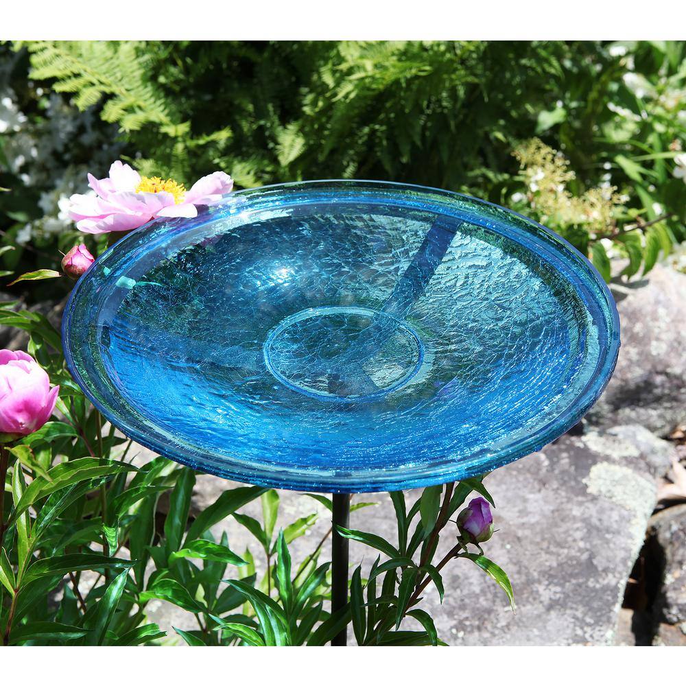 Achla Designs 14 in. Dia Teal Blue Reflective Crackle Glass Birdbath Bowl with Stake