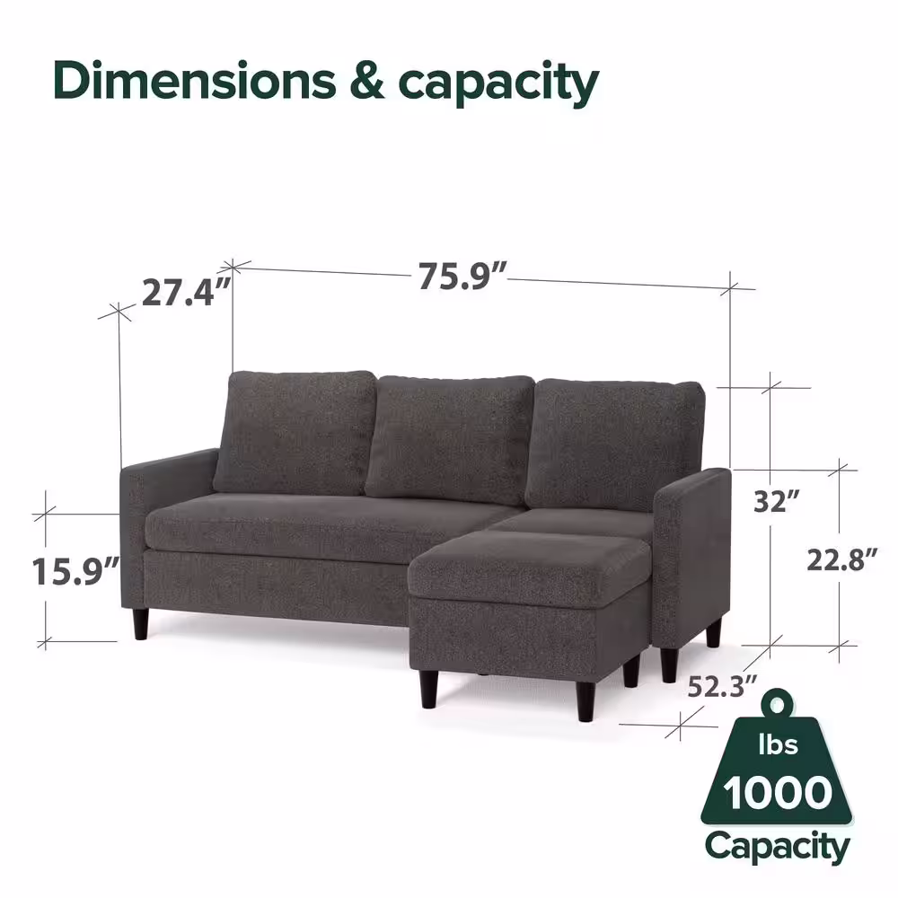 Zinus Hudson 75.87 in. Polyester Convertible Sectional Sofa with Reversible Chaise Dark Gray