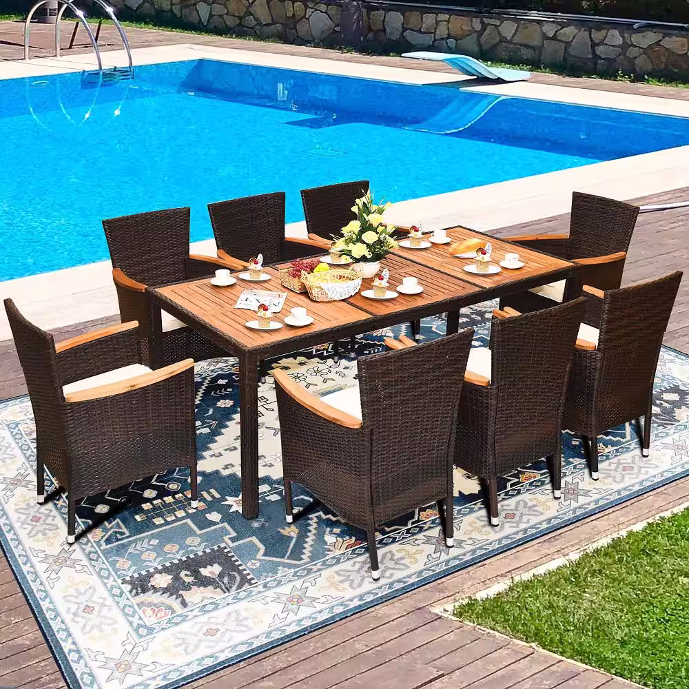 Costway 9-Piece Wicker Outdoor Dining Set with Acacia Wood Table and Stackable Cushioned Chairs Dining Set in Off-White