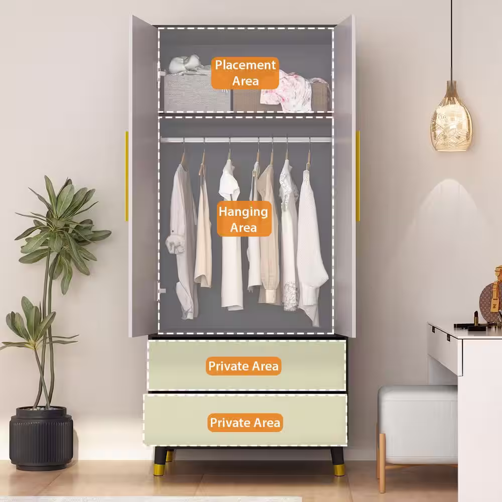 None Gray Armoire with 2-Drawers, Hanging Rod and Gold Metal Handles 70.9 in. H x 19.1 in. W x 31.5 in. D