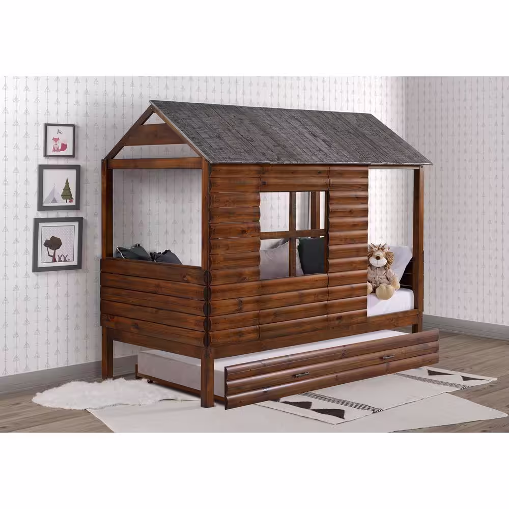 Donco Kids Log Cabin Rustic Walnut and Silver Twin Low Loft Bed with Twin Trundle Bed