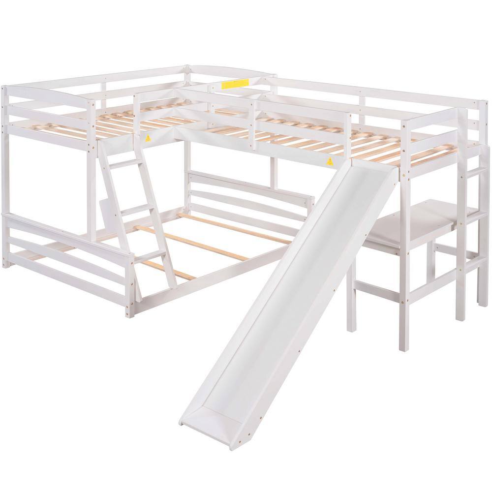 Harper & Bright Designs L-Shaped White Twin Over Full Triple Bunk Bed with Ladder, Slide and Desk