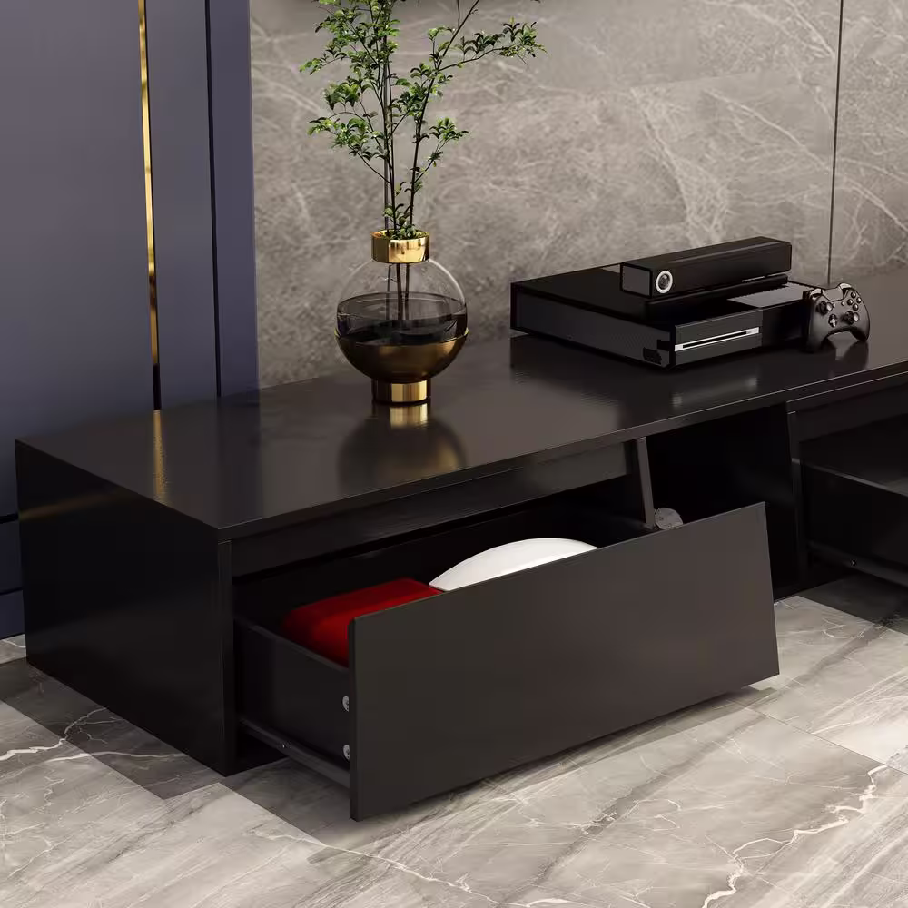 None Modern Wood Black TV Media Console Entertainment Center with Adjustable Length and Drawers Fits TV's up to 100 in.