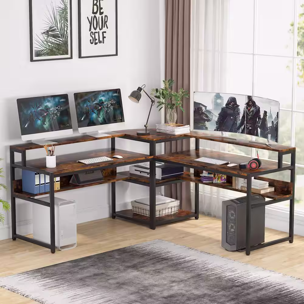 Tribesigns Lantz 66.9 in. L-Shaped Desk Brown Engineered Wood Computer Desk with Monitor Riser and Storage Shelf
