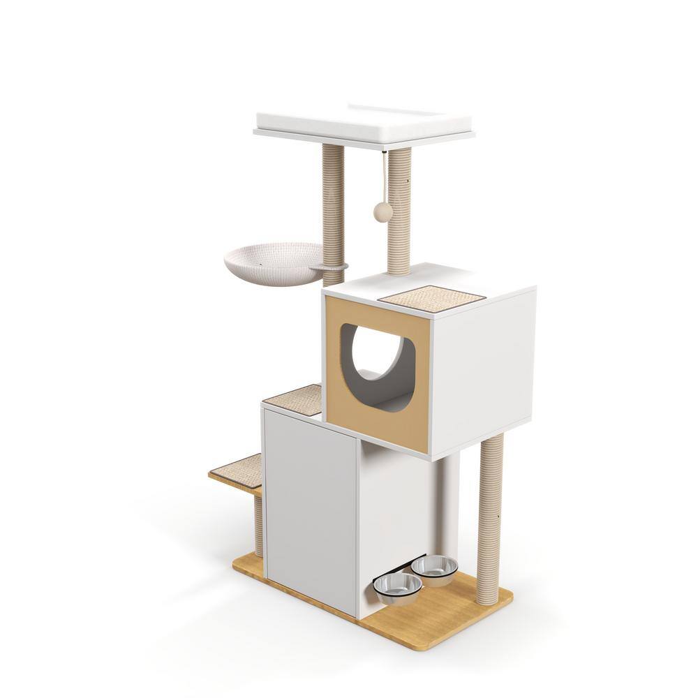 None Wood Cat Tree Tower Cat Furniture with Scratching Pads and Large Storage Space Industrial Cat Cabinet with Shelves Doors