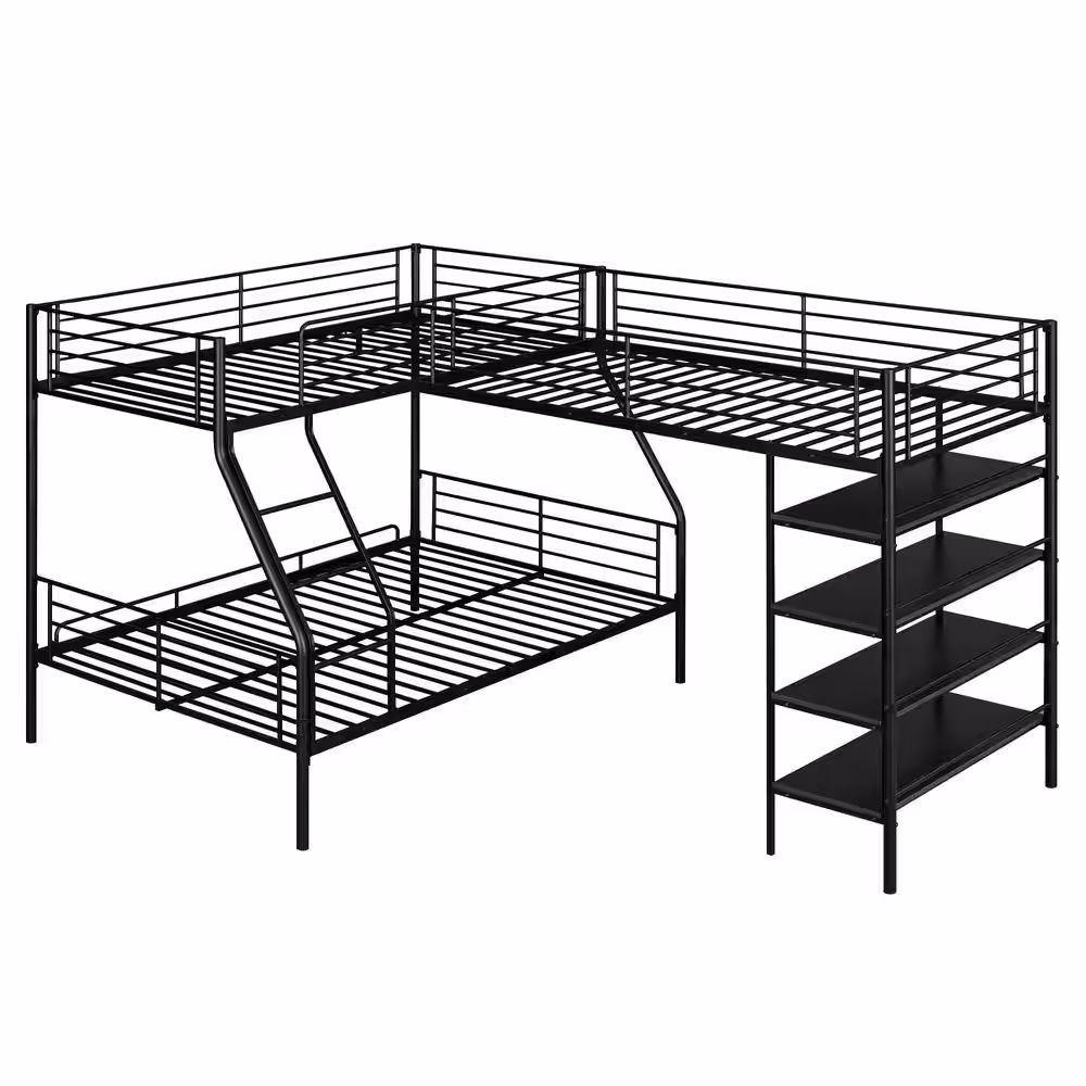 Harper & Bright Designs L-shaped Black Twin and Twin over Full Metal Triple Bunk Bed with 4 Built-in Shelves