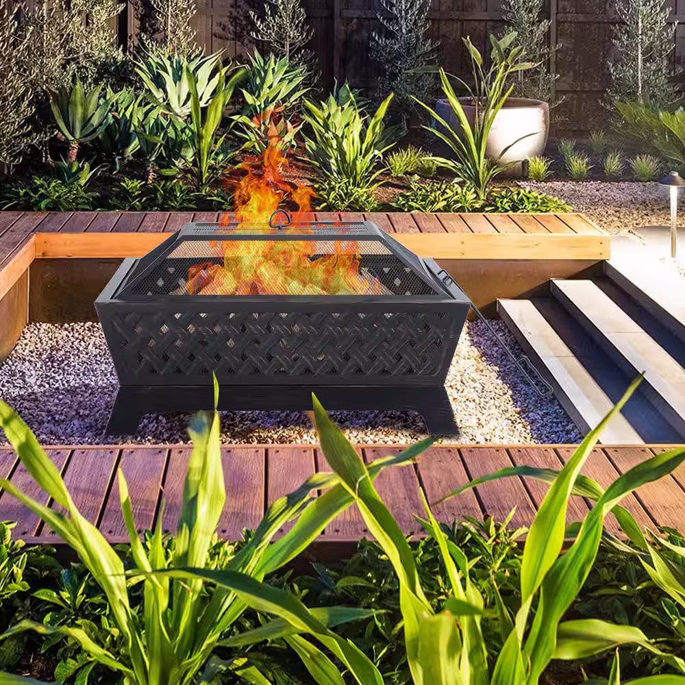 None 33.9 in. L x 24 in. W x 12.7 in. H Antiqued Knit Pattern Rectangle Metal Wood Fire Pit