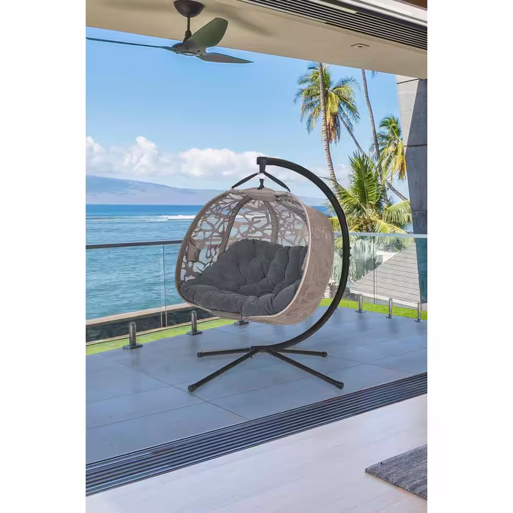 None 66 in. H x 50 in. W x 43 in. D Beige Hanging Pumpkin Loveseat Chair Hammock with Gray Cushion, and Branch Design