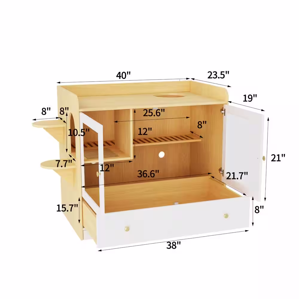 None XL Large Cat Litter Box Furniture Hidden, Cat Cabinet Nightstand Side Table with Large Drawer and Stairs, White with Log