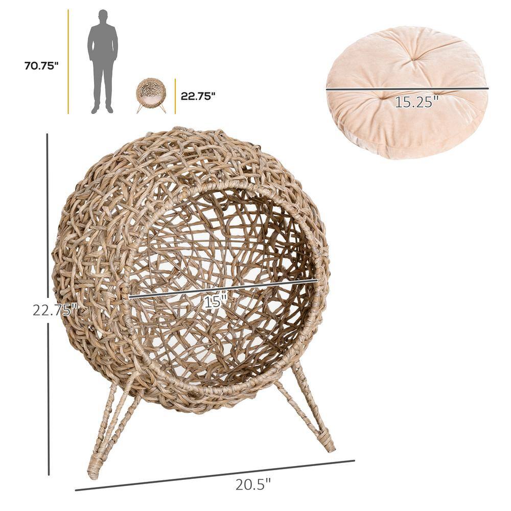 PawHut 20.5 in. H Rattan Cat Bed, Elevated Wicker Kitten House Round Condo with Cushion, Natural