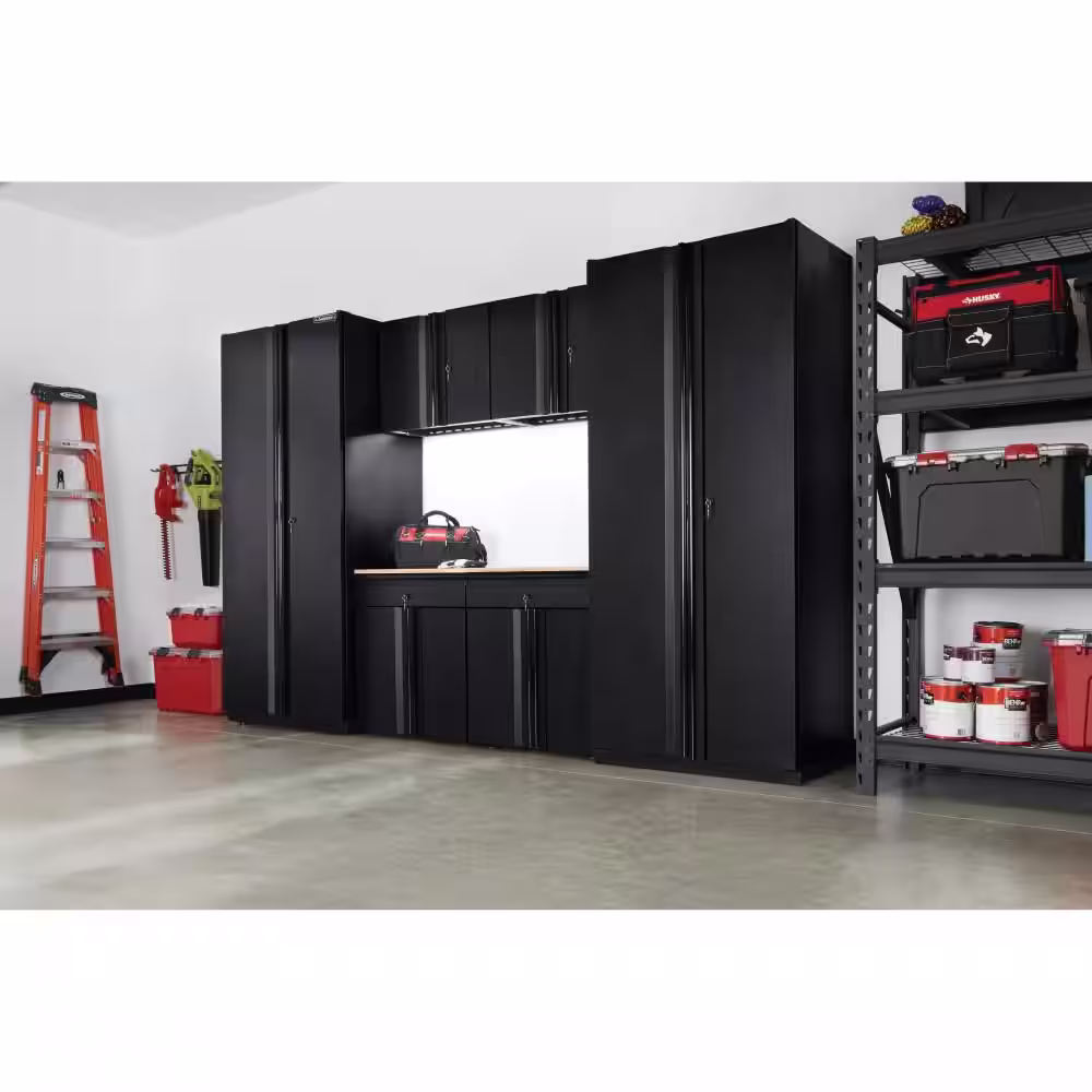 Husky 6-Piece Pro Duty Welded Steel Garage Storage System in Black LINE-X Coating (128 in. W x 81 in. H x 24 in. D)
