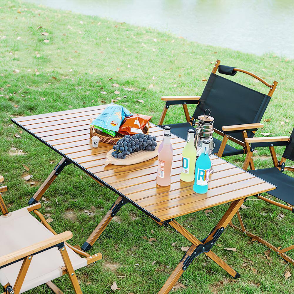 None Antique Yellow Aluminium Alloy Outdoor Picnic Table with Folding Solid X-shaped Frame and Handbag
