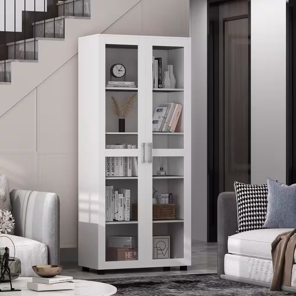 FUFU&GAGA 72 in. H White Wood 2-Door Accent Cabinet with 4-Tier Shelves Kitchen Pantry Cupboard Storage Cabinet