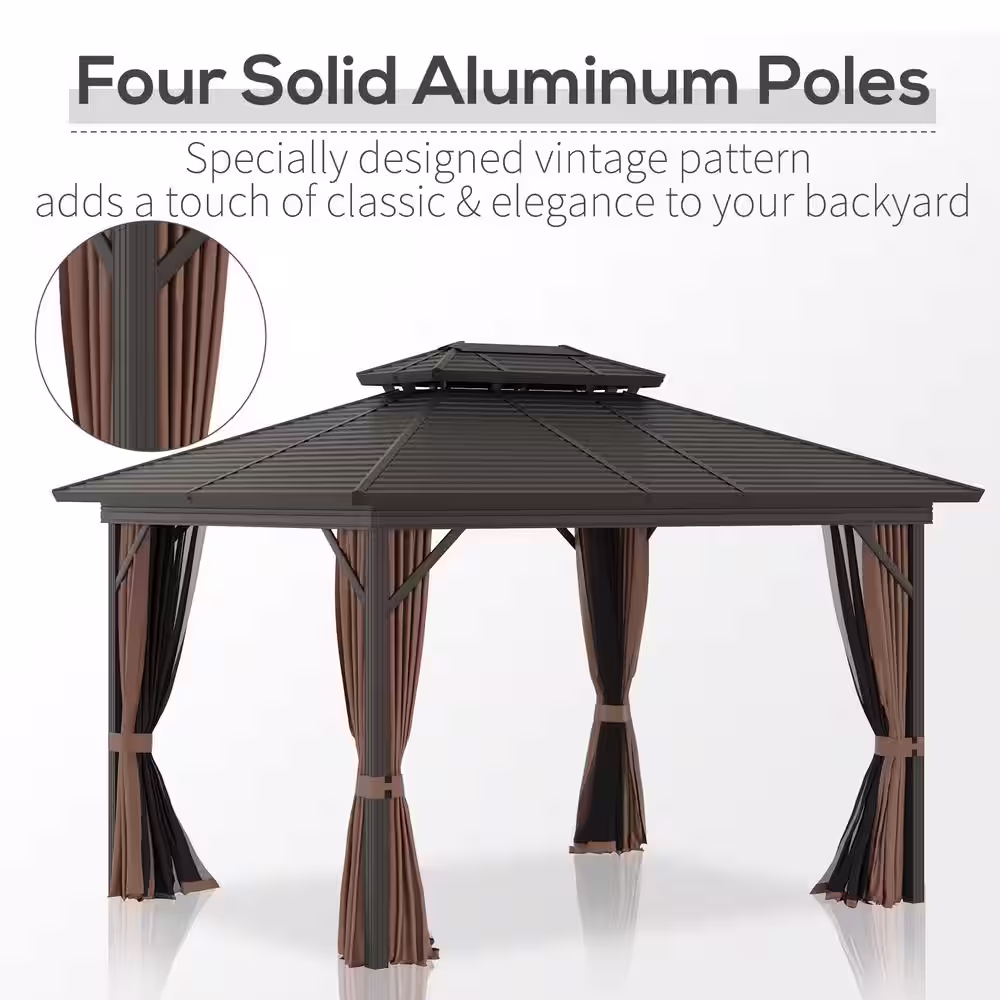 Outsunny 12 ft. x 10 ft. 2-Tier Patio Gazebo Canopy with Breathable Mesh Netting and Privacy Sidewalls, Black and Dark Brown