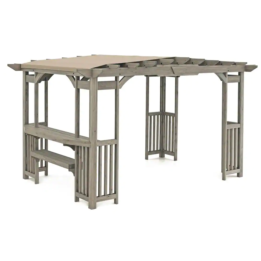 Yardistry Madison 10 ft. x 14 ft. Timber Gray Cedar Wood Backyard Patio Pergola including UV Sun Shade, Counter and Serving Bar