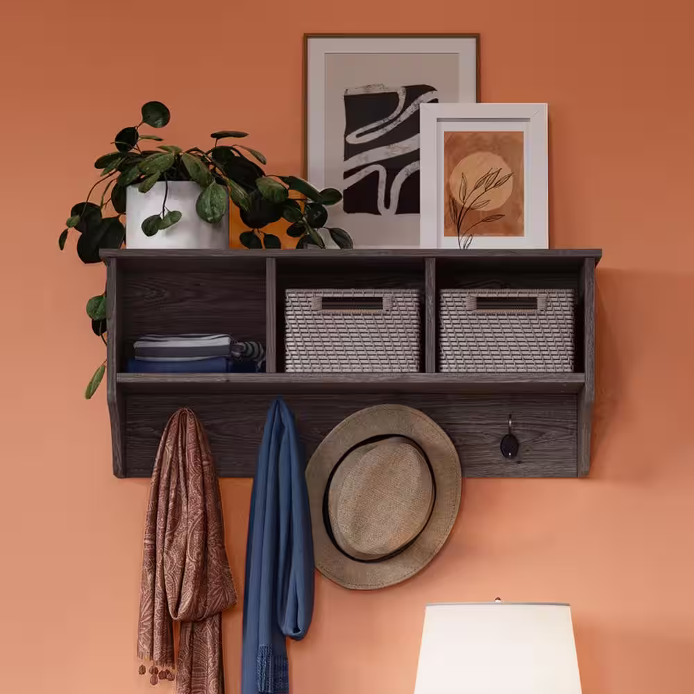 RiverRidge Home Woodbury Weathered Wood Wall Shelf with Cubbies and Hooks