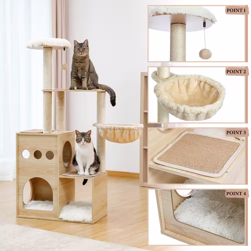None Modern Luxury Cat Tree Wooden Multi-Level Cat Tower Cat Sky Castle Hammock and Interactive Dangling Ball