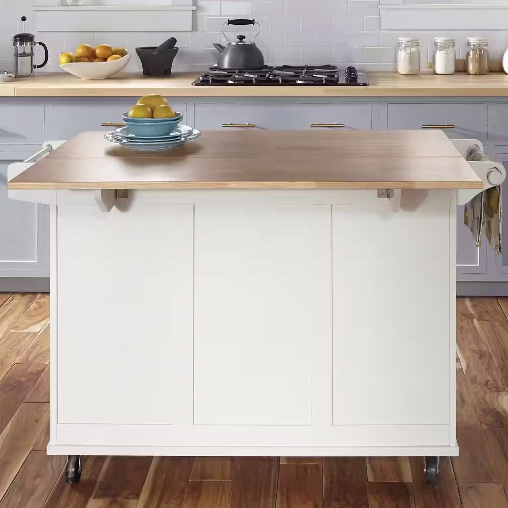 HOMESTYLES Dolly Madison White Kitchen Cart with Natural Wood Top