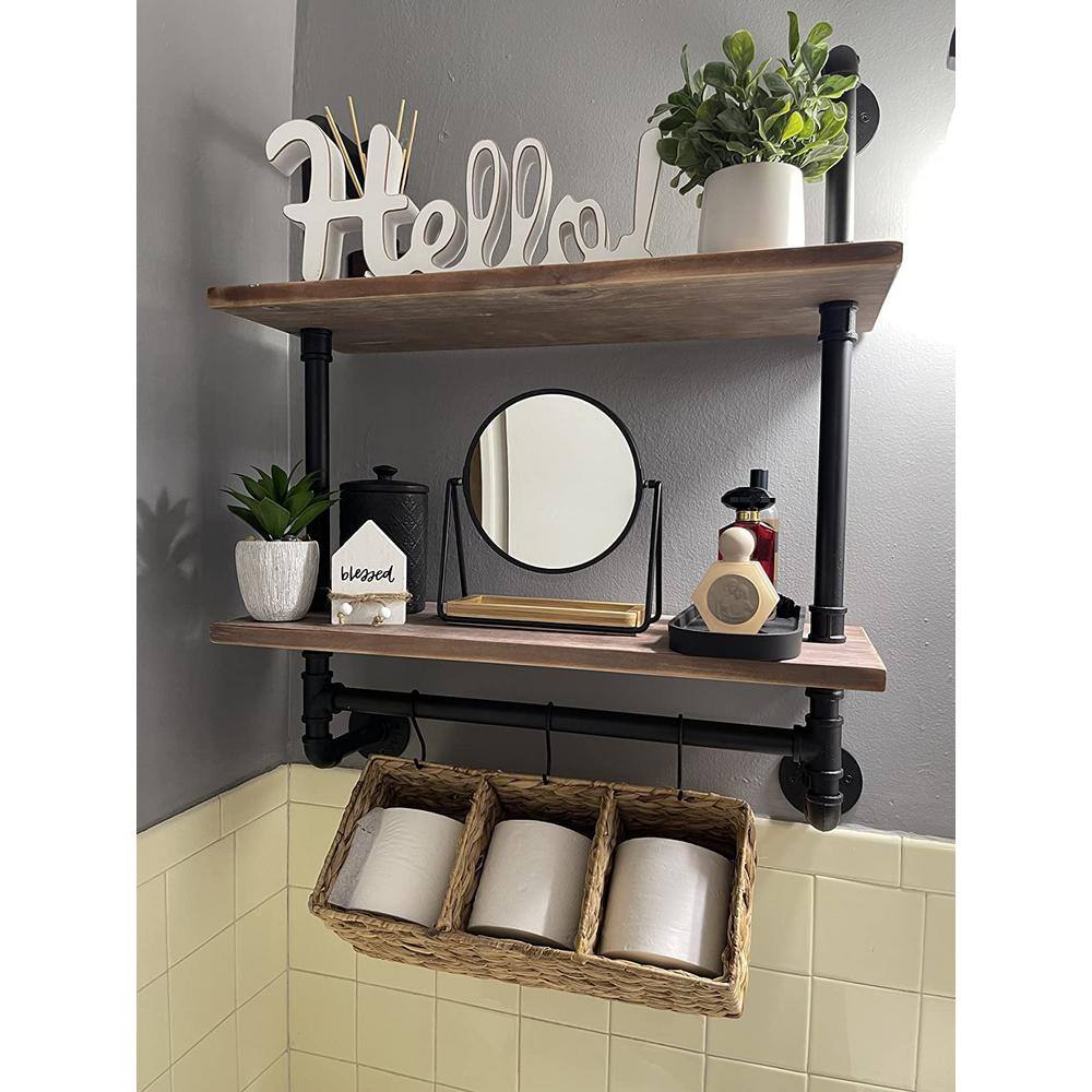 None Industrial Pipe Shelving Farmhouse Bathroom Shelves with Towel Bar Towel Rack Over Rustic Wall Wood Shelves 19.7 in.