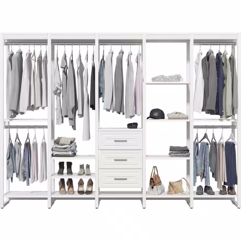 CLOSETS By LIBERTY 113 in. W White Adjustable Tower Wood Closet System with 3 Drawers and 18 Shelves