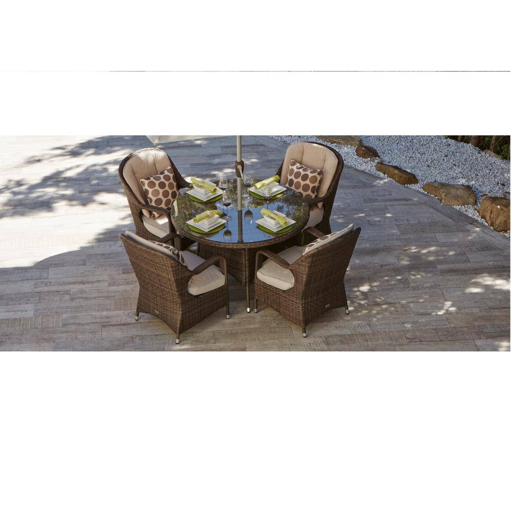 DIRECT WICKER Bavaro 5-Piece Wicker Round Outdoor Dining Set with Beige Cushions