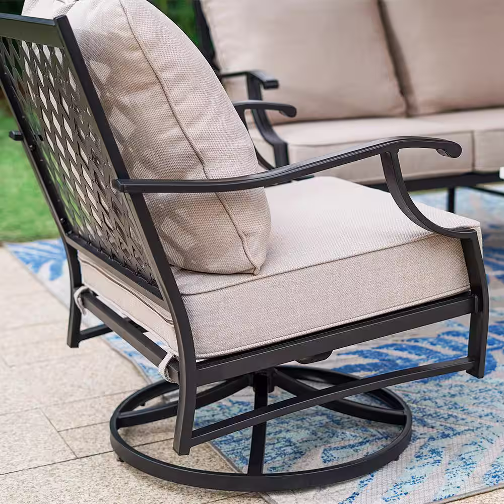 None Black 5-Piece Metal Meshed 7-Seat Outdoor Patio Conversation Set with Beige Cushions, 2 Swivel Chairs and 2 Ottomans