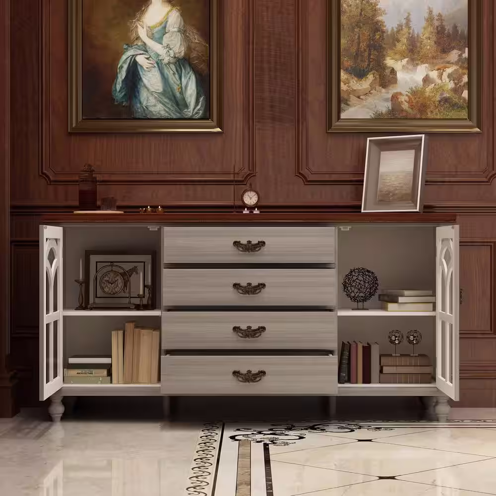 None 63 in. L Gray Farmhouse Style Rectangle Wood Console Table Entry Table Cupboard Hallway Living Room with 4 Drawers