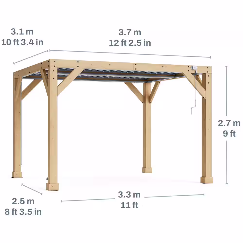 Yardistry Meridian 10 ft. x 12 ft. Premium Cedar Patio Shade Pergola with Gray Louvered Roof Panels and Built-In Gutter System