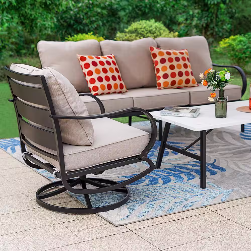 None Metal 5 Seat 4-Piece Steel Outdoor Patio Conversation Set With Swivel Chairs, Beige Cushions and Marble Pattern Table
