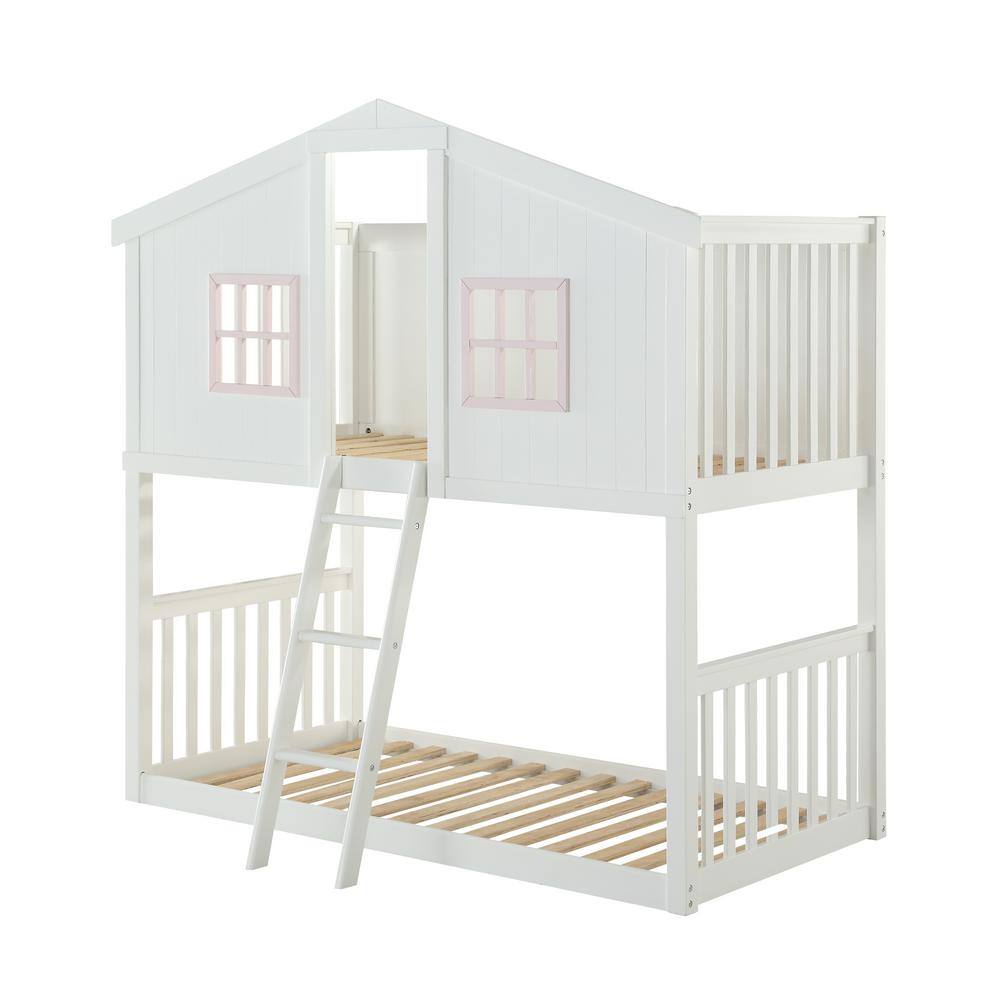 Acme Furniture Rohan Cottage White and Pink Twin Over Bunk Bed