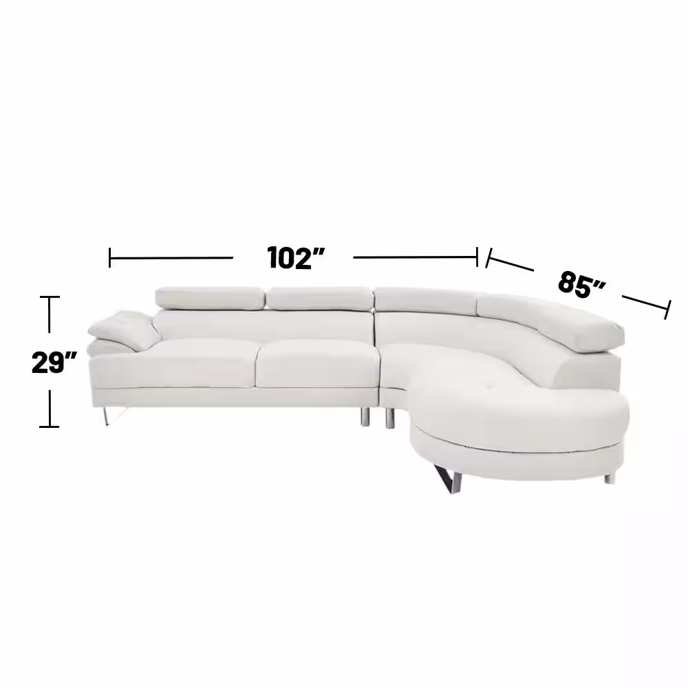 SIMPLE RELAX 102 in. Bobkona 2-Piece Faux Leather L-Shaped Sectional Sofa with Adjustable Headrests in White