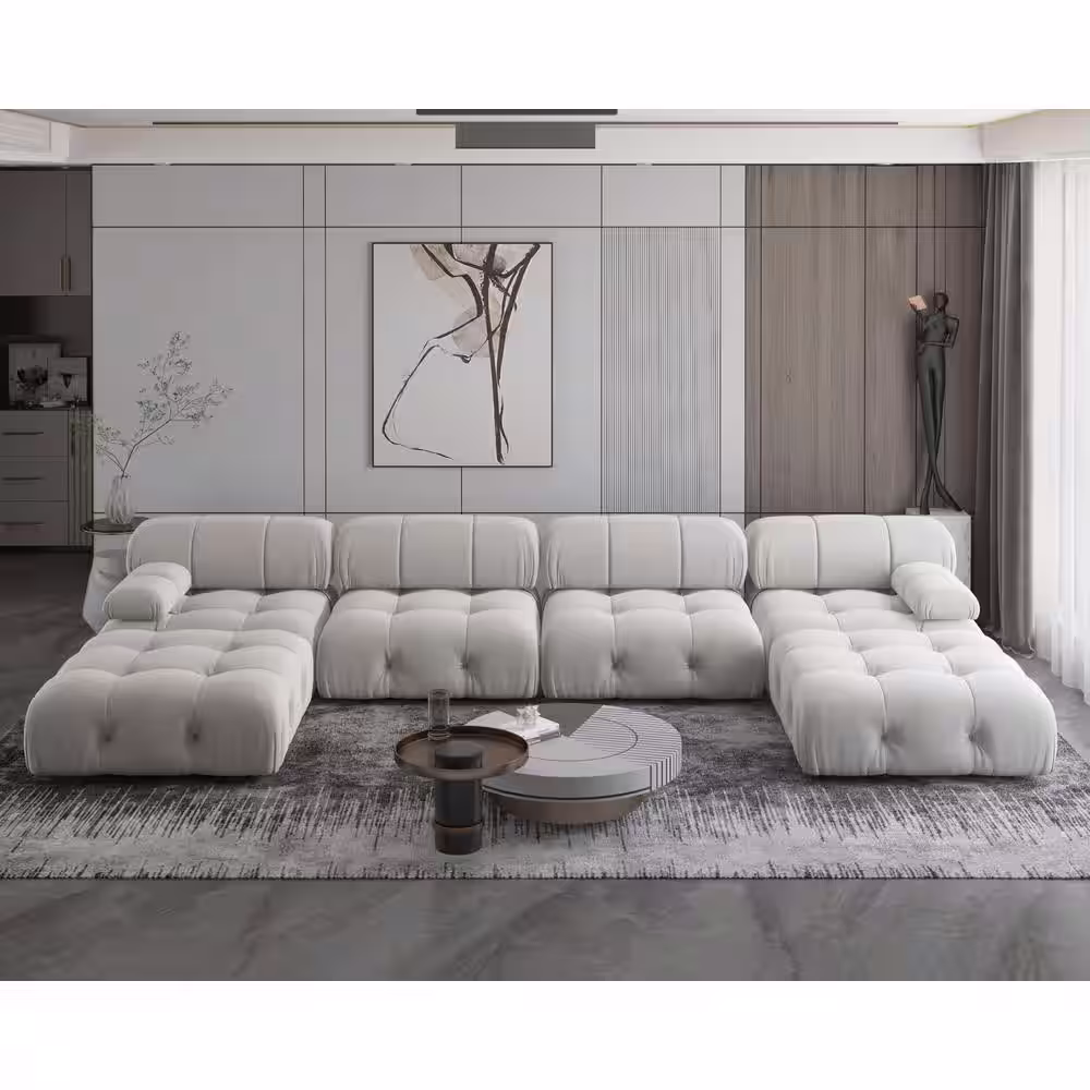 J&E Home 138.6 in. W Square Arm 4-Piece U Shaped Velvet Free Combination Sectional Sofa with Ottoman in Beige