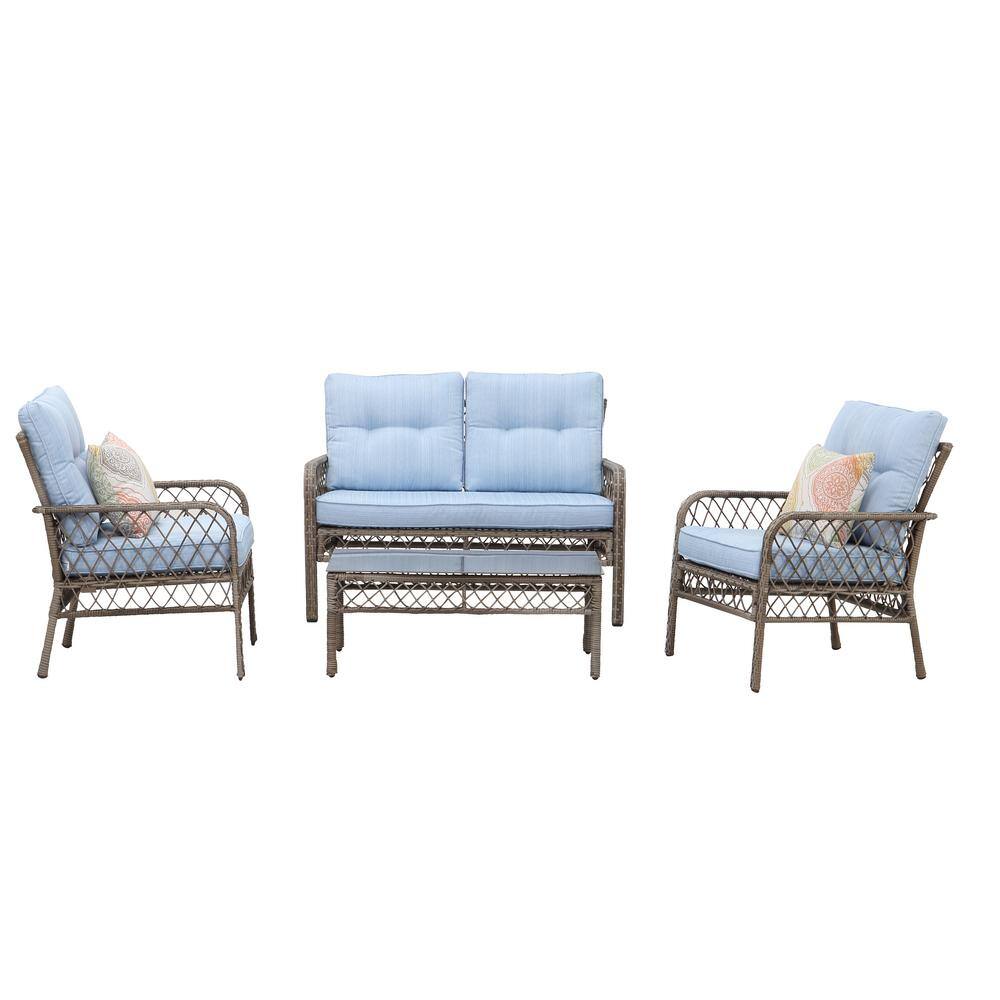 None 4-Piece Metal Outdoor Hollow-Out Patio Conversation Set Seating Group with Blue Cushions