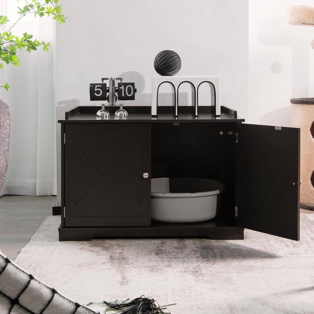 ANGELES HOME 34 in. W x 20.5 in. H Large Wooden Cat Litter Box Enclosure with the Storage Rack in Coffee